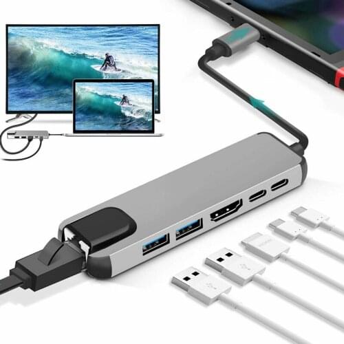 HUB USB 3.1 Type C to HDMI-Compatible RJ45 PD USB Hub 3.0 Multi Adapter Dock Accessories Type C Splitter 6 Port for MacBook Pro