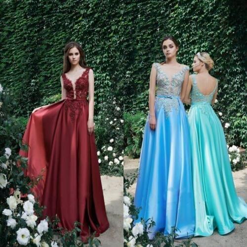 2019 Fashion Evening Dresses Scoop Neck Sleeveless Lace Appliques Prom Gowns Dubai Arabic Sexy Backless A Line Party Dress