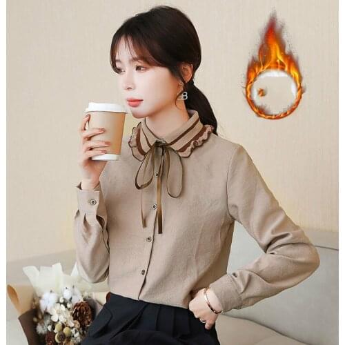 2021 Spring Autumn New Arrival Women Solid Color Corduroy Lace Up Bow Shirt Turn-Down Collar Button Up Cute Blouse Y297