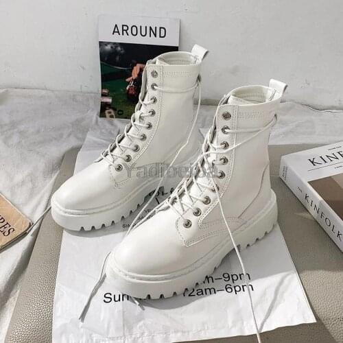 2021 Combat Boots Women White Leather Motorcycle Boots Mid Heeled Gothic Shoes Fashion Black Ankle Boots Platform Shoes Women