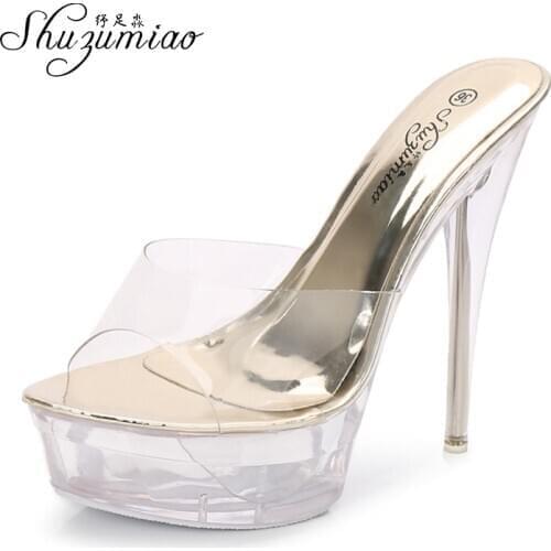Platforms Shoes Women Sandals 2021 Crystal Slipper Ultra High Heels 15cm Transparent Waterproof Cool Slippers Fine with