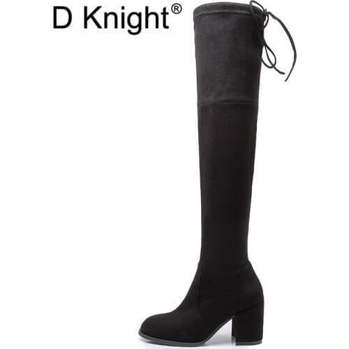 New Womens High Square Heels Over The Knee Boots Fashion Round Toe Slip-on High Boots Big Size 34-43 Ladies Winter Autumn Boots