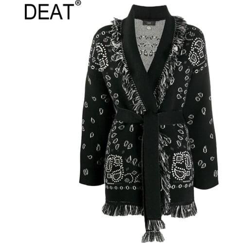DEAT Cashmere Sweaters Woman Full Sleeve Cardigan Tassel Print Elegant Loose Elastic Knit High Street 2021 New Autumn Tide HT666