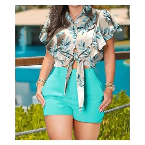 Womens 2021 new cross-border printed top + pants two-piece suit