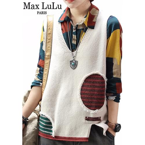 Max LuLu 2020 New Spring Korean Fashion Designer Ladies Loose Sweaters Womens Casual Patchwork Vests V Neck Streetwear Plus Size