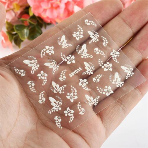 1 Sheet 3D White Sliver Flowers Butterfly Rhinestone Nail Stickers Decals Art Cute Stickers