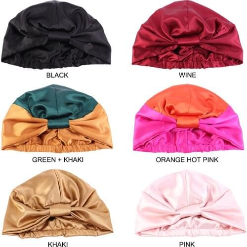1Pcs Hair Cap For Sleeping Stretch Imitation Silk Night Hat Contrast Color Knotted Turban Double-Layer Haircaring Chemotherapy