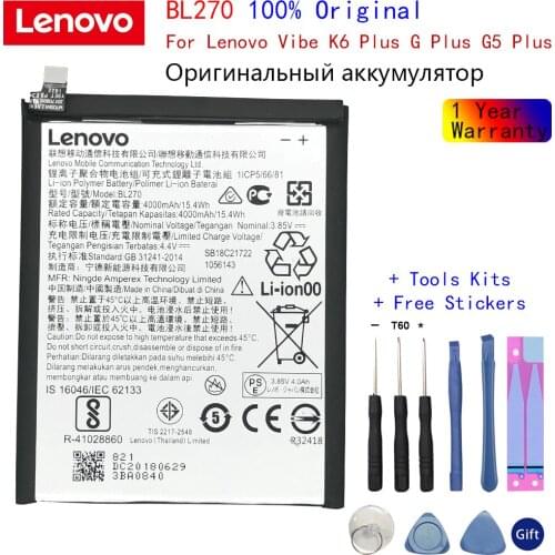 100% Original 4000mAh BL270 Battery For Lenovo K6 Note K53a48 Vibe K6 Plus G Plus G5 Plus battery +Tools Kits