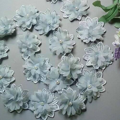 2 yard Blue Soluble Chiffon Pearl Flowers Embroidered Lace Trim Ribbon Fabric Sewing Craft For Costume Wedding Dress Decoration
