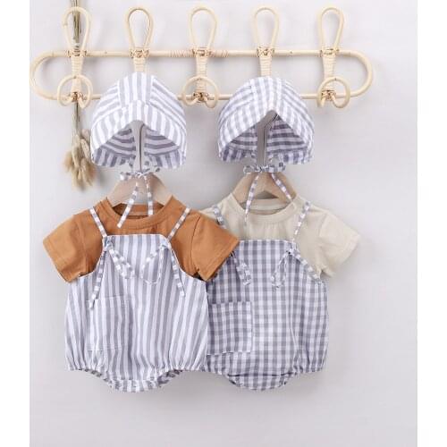 2021 Summer Newborn Baby Clothing Set Toddler Infant Plaid Rompers Solid T-shirts and Hats 3 Pcs Kids Clothes Suit