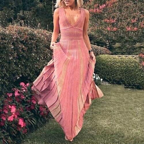 Glitter Sexy Deep V Neck Party Dress Fashion Striped Sleeveless Maxi Dress Large Size Women Elegant Long Dress