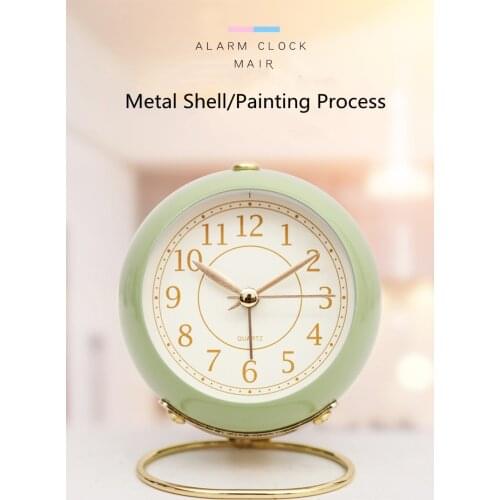 Small Alarm Clock Simple Retro Nordic Style Student Desktop Bedside Small Silent Night Light Alloy Clock