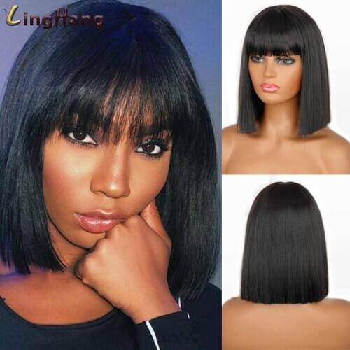 Linghang Short Bob Wig With Bangs for Women Synthetic Bob Wigs Black Pink Golden Wig for Party Daily Use Shoulder Length