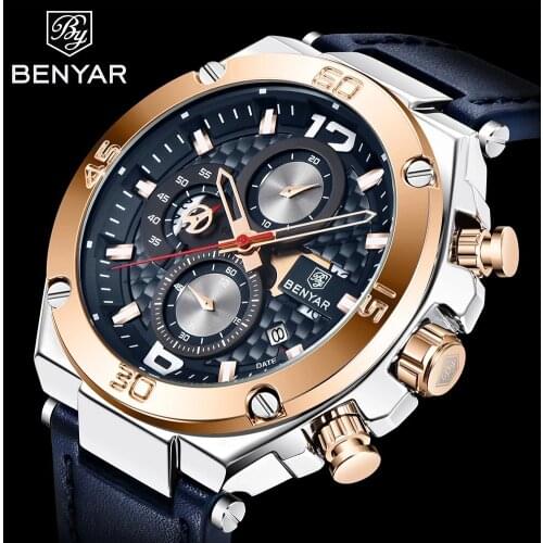 Benyar Design 2021 Top Fashion Men Quartz Business Watch Waterproof High Quality Leather Military Timing Code Table Reloj Hombre