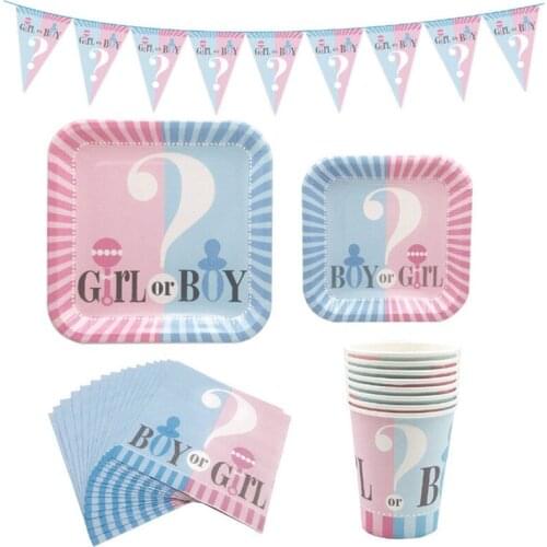 16Pcs Baby Gender Reveal Partyware Kit Pink Girl Blue Boy Gender Reveal Disposable Plates Cups Napkins and Banner Baby Show HW97