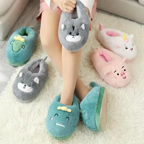 New Women Winter Slippers Home Cartoon Animal Cotton Shoes Flat Non-slip Soft Warm House Slides Men Bedroom Cute Funny Slippers