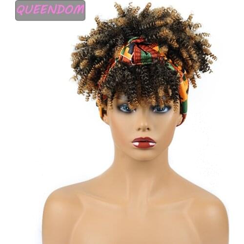Puff Headband Wigs with Bangs Short Afro Kinky Curly Wrap Wig for Black Women Ombre Brown Synthetic Jerry Curly Turban Hair Wigs