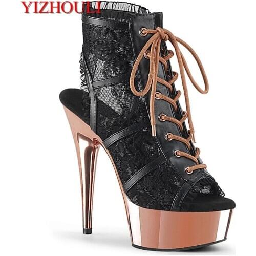 15CM high heel pole dancing sandals, net cloth vamp, electroplate thin heel, model stage performance, dancing shoes