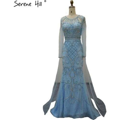 Serene Hill Muslim Blue With Detachable Train Luxury Evening Dresses Gowns 2021 Mermaid Elegant Beading For Women Party LA70786