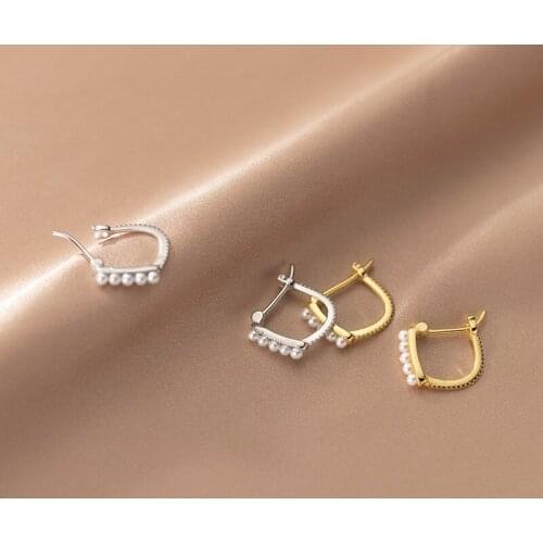 Authentic 925 Sterling Silver Jewelry Ear-Bone Shell Pearl Square Ear Hoop Huggie Earrings C-G9840