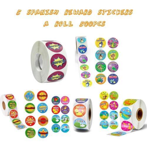 500 Pcs Cute Reward Stickers Roll with Spanish Word Motivational Stickers for School Teacher Student Stationery Stickers Kids