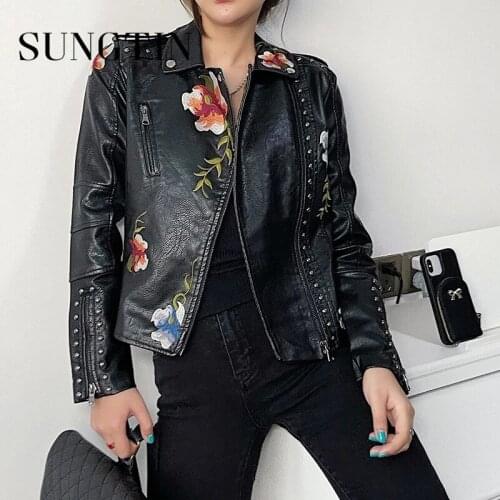 Sungtin High Quality Rivet Embroidery Faux Leather Jacket Women Floral Print Embroidered Pu Jacket Vintage Coat Punk Outerwear