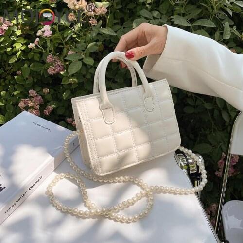 Vintage Women Bag Checkered Pattern PU Mini Shoulder Casual Pearl Chain Handbags PU Leather Bags Luxurious Messenger Bag