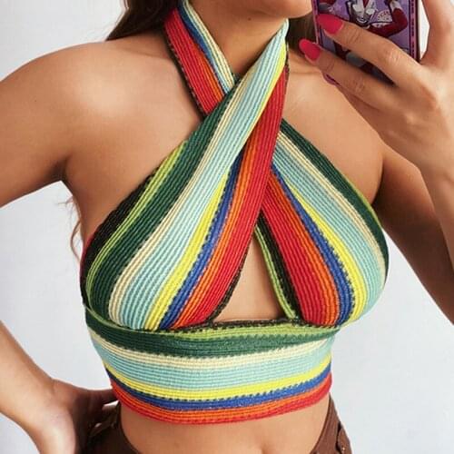 Women Summer Crop Tops Female MultiColor Stripes Vest Ladies Casual Sexy Cross Halter Neck Sleeveless Backless Tank Tops