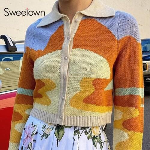 Sweetown Vintage Painting Knitted Aesthetic Cardigan Sweater Women Turn Down Collar Long Sleeve 90s Knitwear Fashion Clothes