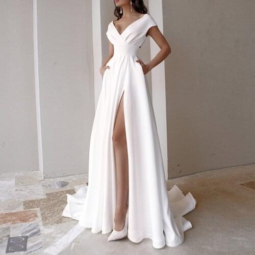 2021 Summer Women V-neck Solid Color Dress Mopping Long White Dress Floor-Length Party Dress