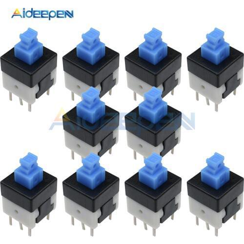 10Pcs Square 8x8mm 6 Pin DPDT Mini Push Button Self-locking Switch Multimeter Switch Blue Cap