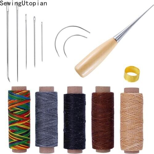 14PCS Furs Leather Sewing Needles Stitching Sewing Thimble Awl 150D 50M Waxing Thread Stainless Steel Handmade DIY Craft Tool