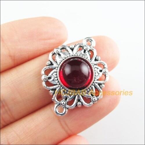 8 New Flower Charms Red Glaze Round Connectors Tibetan Silver Tone 21.5x28mm
