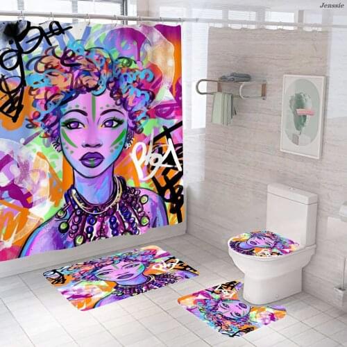 Elegant African Black Woman Print Shower Curtain Set American Girl Polyester Bathroom Curtains Anti-slip Bath Mats Carpets Rugs