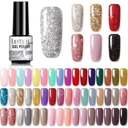 LILYCUTE 7ml UV Gel Nail Polish Glitter Pink Color Series Soak Off Nail Art Gel Polish Varnish Design