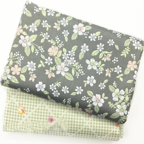 Graceful All Over Grey Green Leaf Flowers & Green Square Printed Cotton Fabric Floral Fabric For DIY Sewing Bedding Quilting