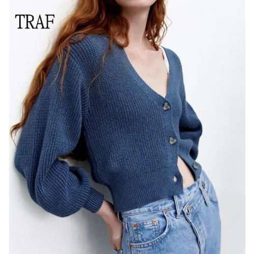 TRAF Za 2021 Cardigan Women Sweaters Vintage Womens Autumn Jacket V Neck Long Sleeve Buttons Womens Cardigans Warm Sweater Top