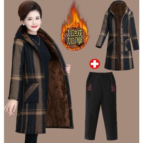 Middle-Aged Elderly Women Plus Velvet Cotton Jacket 2021 Winter New Casual Cotton Coat Thick Mid-Length Windbreaker Commuter D54