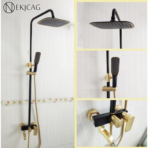 Brushed Gold Bathroom Shower Faucet Set 8" Square Rainfall Shower Head Wall Mount Space Aluminum Bathtub Spout Shower Mixer Tap