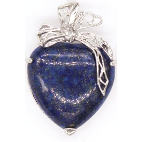 Trendy-beads Elegant Style Lapis Lazuli Love Heart With Silk Ribbon Pendant Silver Plated Jewelry