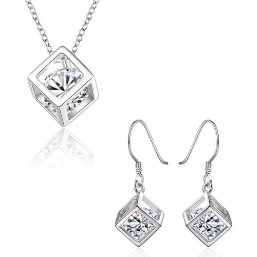 925 Sterling Silver Fine Jewelry Sets Zirconia Square Crystal Cube Pendant Necklace Earrings Jewlery Set For Women Gift 2-piece