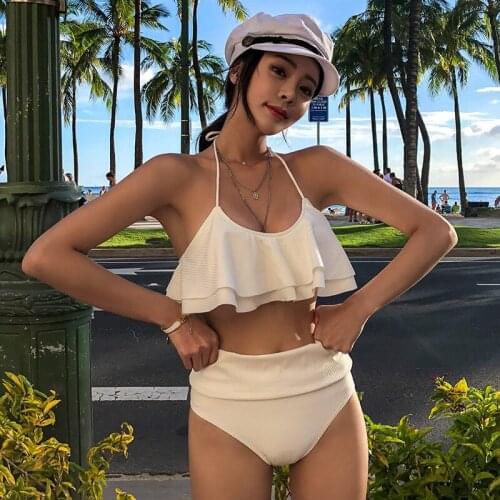 2021 New Sexy Ruffle High Waist Bikini Swimwear Women Swimsuit Cross Bikini Set Off The Shoulder Bathing Suits Summer Beach Wear