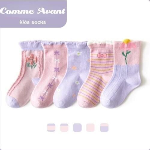 NEW 5 Pairs/Lot Girls Cotton Socks Autumn Winter Kids Pink Colorful Fashion Floral Beauty Socks Baby Girls Soft Violet Socks