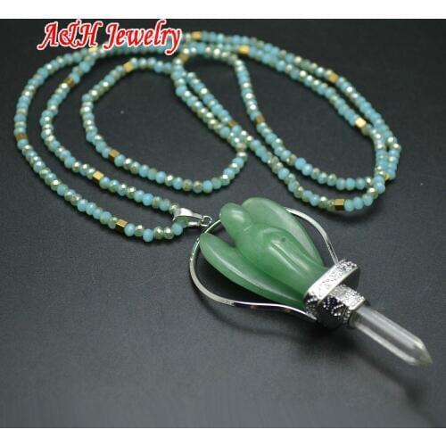 1pc New Arrival Aventurine Carved Sky Angle With Hexagon Crystal Pendant Green Faceted Glass Bead Chain Necklace