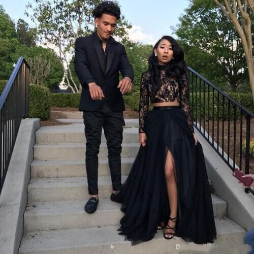 Two pieces prom dresses 2020 long sleeve lace a line black lace long evening dresses gowns