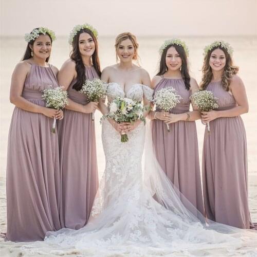 Dusty Pink Bridesmaid Dresses A-Line Halter Pleat Sleeveless Floor Length Simple Wedding Party Gowns Custom Made New Arrivals