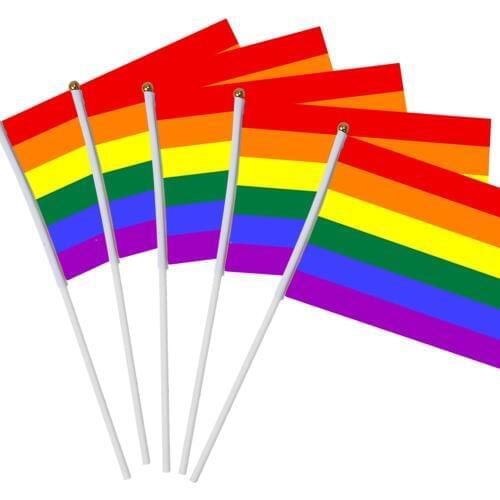 14x21cm 5pcs rainbow Stick Flag polyester hand waving flags with Plastic Flagpoles Hand Held Mini Flag With White Pole