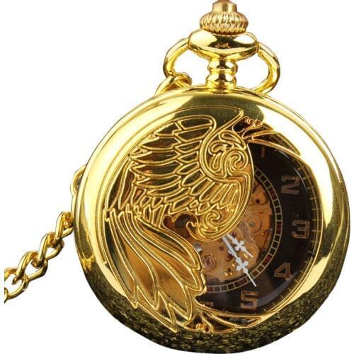Retro Luxury Gold Silver Semi-hollow Phoenix Wing Carving Case Skeleton Hand Wind Mechanical Pocket fob Watches Men Gift Bag