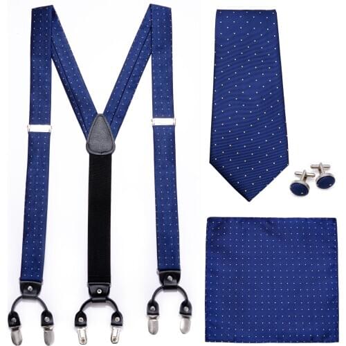 Shirt Suspenders Blue Polka Dot Silk Tie Set Leather Western-style Trousers Men Braces Adjustable 6 Clips Suspenders Barry.Wang