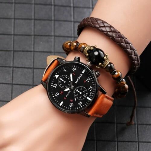 Sports Mens Watches Luxury Leather Strap Quartz Watch Bracelet Set Best Gifts In Box for Husband 2021 Wristwatch